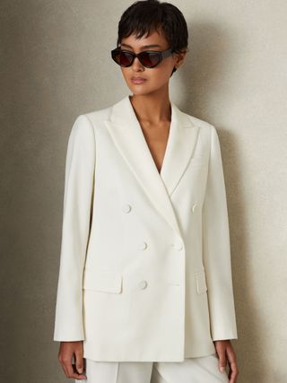 Reiss, Leanna Wool Blend Double Breasted Tux Blazer in White