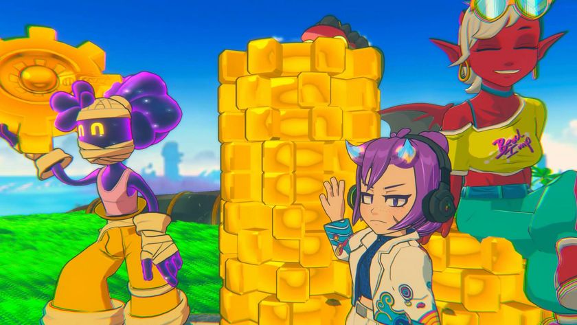 Beebz and her friends pose near a huge stack of golden gears in Demon Tides