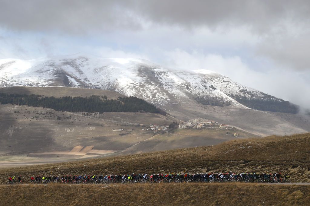 GIULIANOVA ITALY MARCH 07 A general view of the peloton climbing to the Forca di Presta 1538 m during the the 59th TirrenoAdriatico 2024 Stage 4 a 207km stage from Arrone to Giulianova UCIWT on March 07 2024 in Giulianova Italy Photo by Tim de WaeleGetty Images