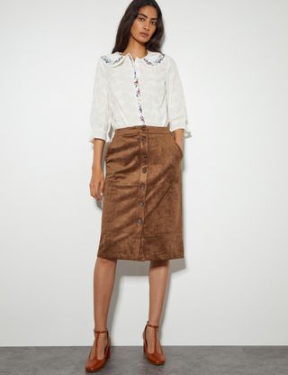 Suedette Button Front Knee Length A-Line Skirt