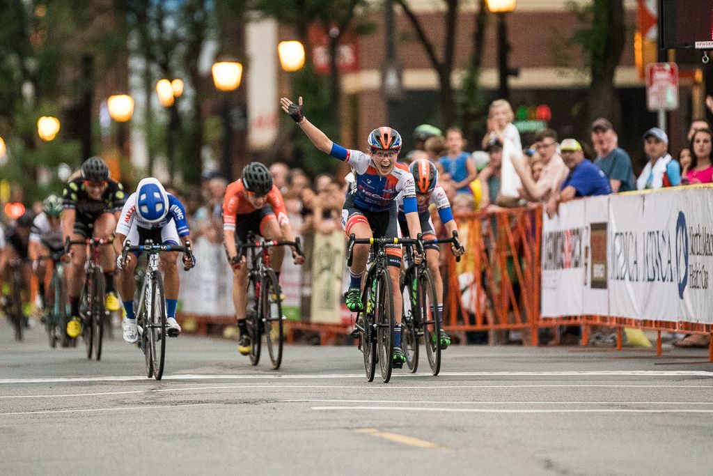 Skylar Schneider (ISCorp Cycling) celebrates the stage win ahead of Coryn Rivera (United Healthcare) and her teammate and sister, Samantha Schneider.