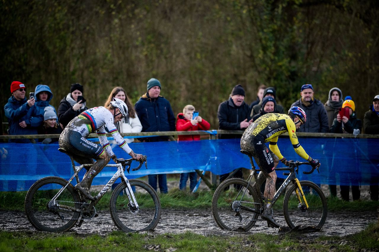 Wout van Aert and Mathieu van der Poel race on a cyclo-cross course