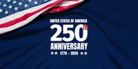 The wrinkled flag of the USA draped onto a blue velvet background with the text "United States of America - 250th Anniversary - 1776-2026" - Independence Day