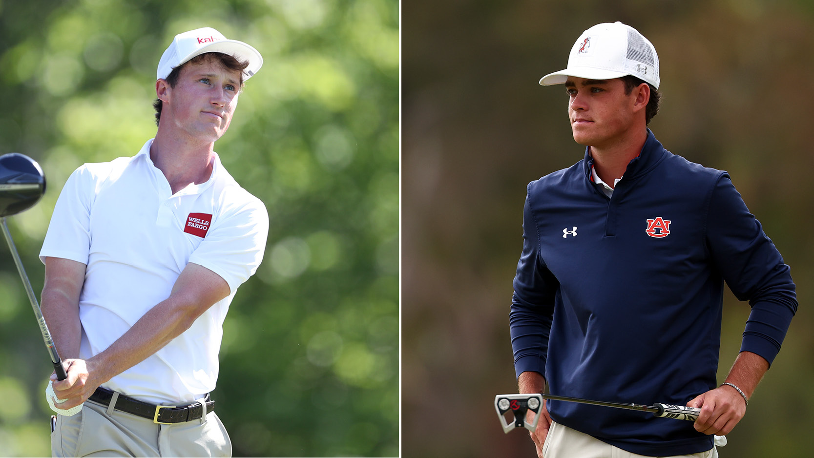 (left) David Ford hits driver during the 2025 Charles Schwab Challenge and Jackson Koivun looks on during the 2025 NCAA D1 Men's Golf Championship (right)