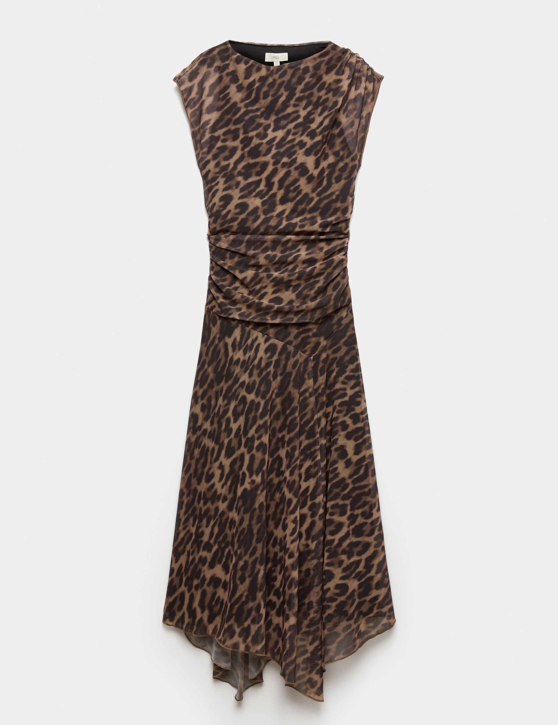 Animal Print Mesh Draped Midi Waisted Dress