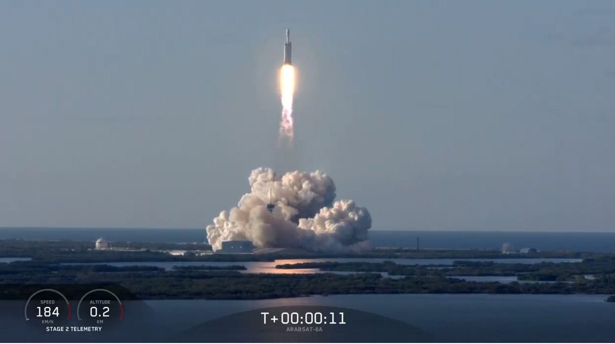 SpaceX's second Falcon Heavy megarocket launches the Arabsat-6A communications satellite into space from Pad 39A of NASA's Kennedy Space Center in Cape Canaveral, Florida on April 11, 2019.