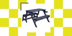 2-in-1 convertible outdoor garden table-bench in navy pictured against a colorful checkered background