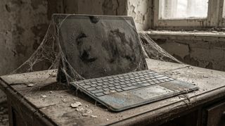 A dusty, cobweb-covered laptop sits on a decaying wooden table in an abandoned room, conveying neglect and abandonment. Peeling walls surround a grimy window.