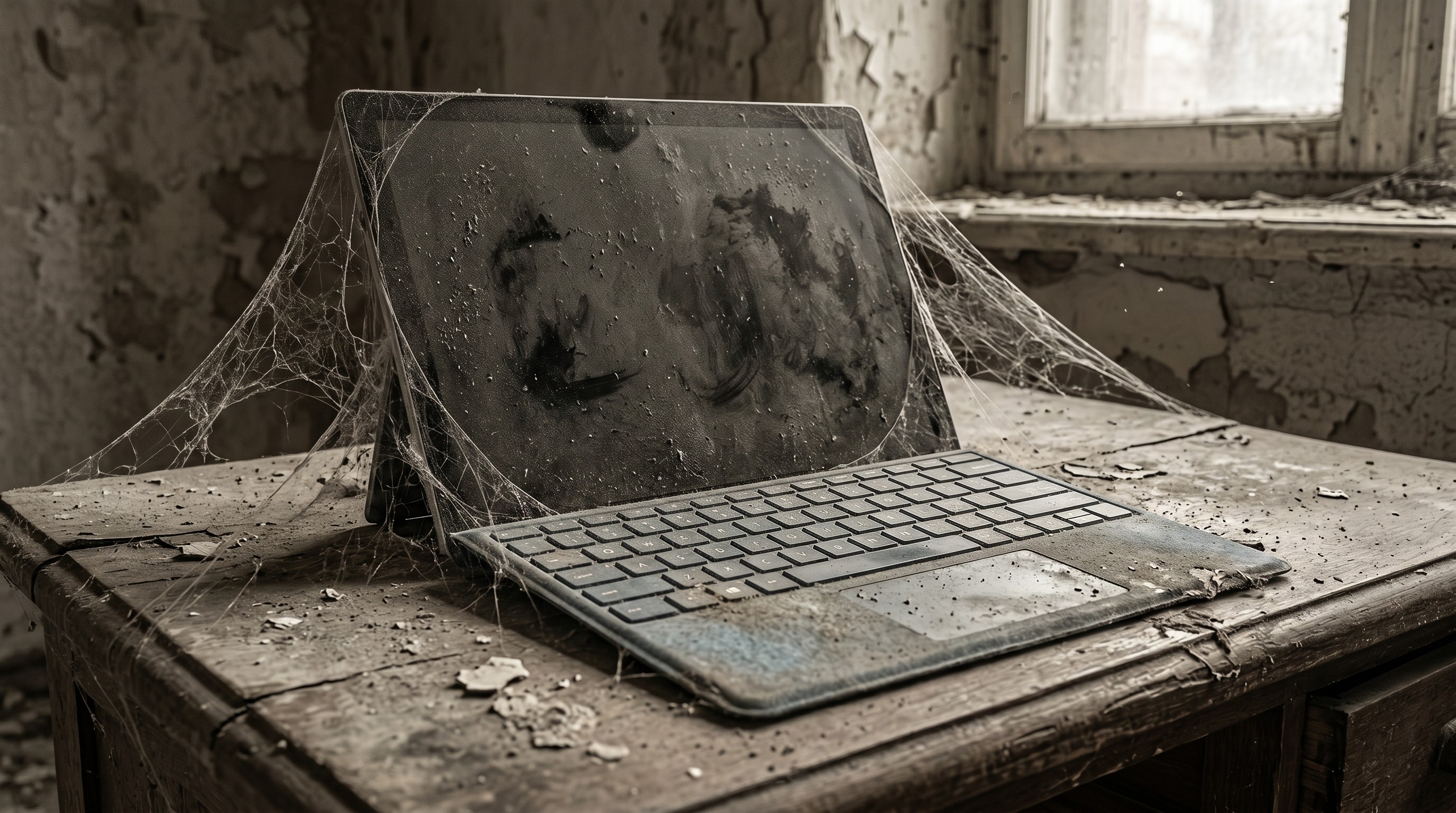 A dusty, cobweb-covered laptop sits on a decaying wooden table in an abandoned room, conveying neglect and abandonment. Peeling walls surround a grimy window.