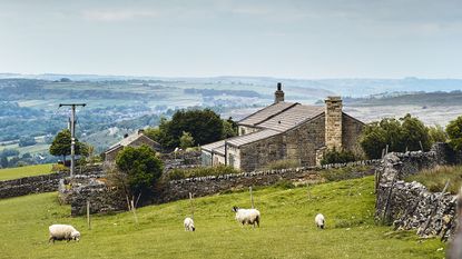 stone farmhouse on the moors with sheep