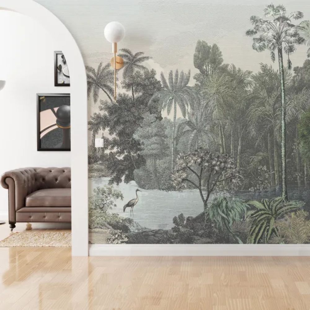 A tropical scene wall mural in a hallway