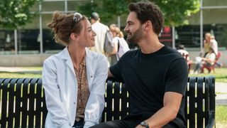Lili Reinhart as Olive Smith and Tom Bateman as Professor Adam Carlsen in "The Love Hypothesis" on Prime Video