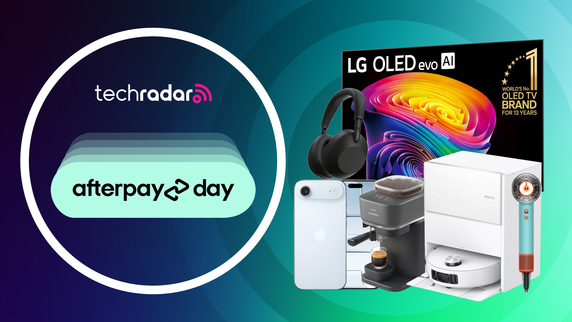 A selection of tech and appliances on a blue/green gradient background, with Afterpay Day logo.