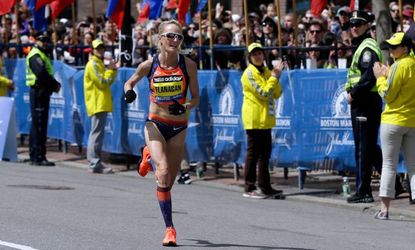 American long-distance runner Shalane Flanagan approaches the finish line, taking fourth in the women's division of the Boston Marathon on April 15.