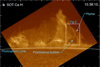 A close-up view, taken by Japan's Hinode spacecraft, of a plasma "bubble" forming in the sun's atmosphere. These bubbles can help feed huge solar storms known as coronal mass ejections.