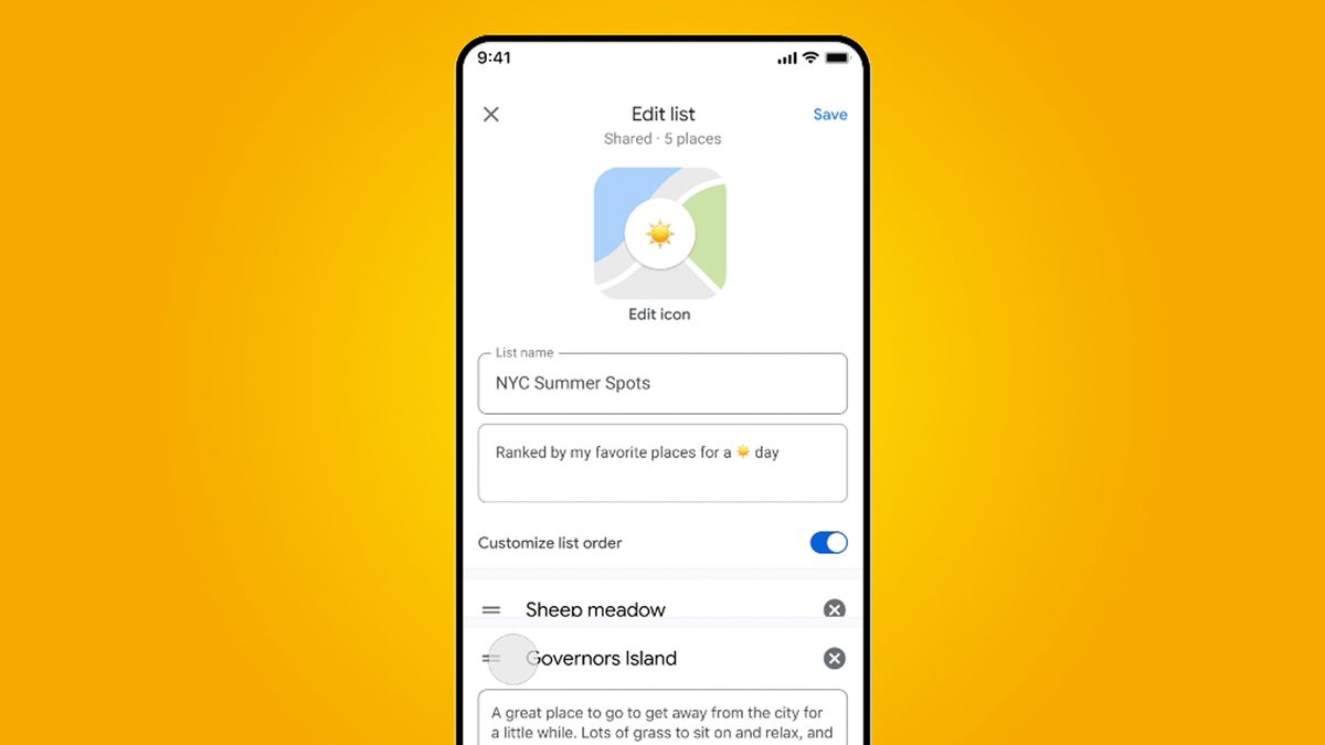 A phone on an orange background showing the Google Maps app