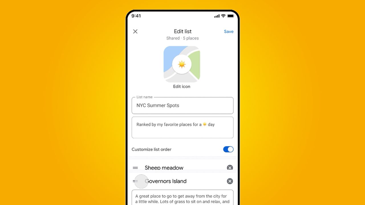 A phone on an orange background showing the Google Maps app