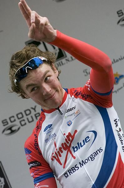 Cheers everybody: Stage four winner Scott Law (Virgin Blue/RBS Morgan) acknowledges the crowd in Newborough.