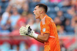 Gabriel Slonina #1 of Chicago Fire reacts against New York City FC during the second half at SeatGeek Stadium on August 21, 2022 in Bridgeview, Illinois.