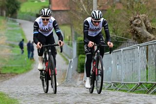 Italian Matteo Trentin of UAE Team Emirates and Slovenian Tadej Pogacar of UAE Team Emirates pictured on the Paterberg during preparations of several teams on the track ahead of the Ronde van Vlaanderen Tour des Flandres Tour of Flanders cycling race Friday 31 March 2023 The 107th edition of the cycling race will take place on Sunday 02 April BELGA PHOTO DIRK WAEM Photo by DIRK WAEM BELGA MAG Belga via AFP Photo by DIRK WAEMBELGA MAGAFP via Getty Images