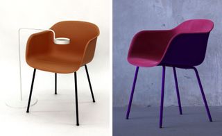 Two images: Left- A reframed fibre chair in brown, Right- A fibre chair 'flocked up' in purple