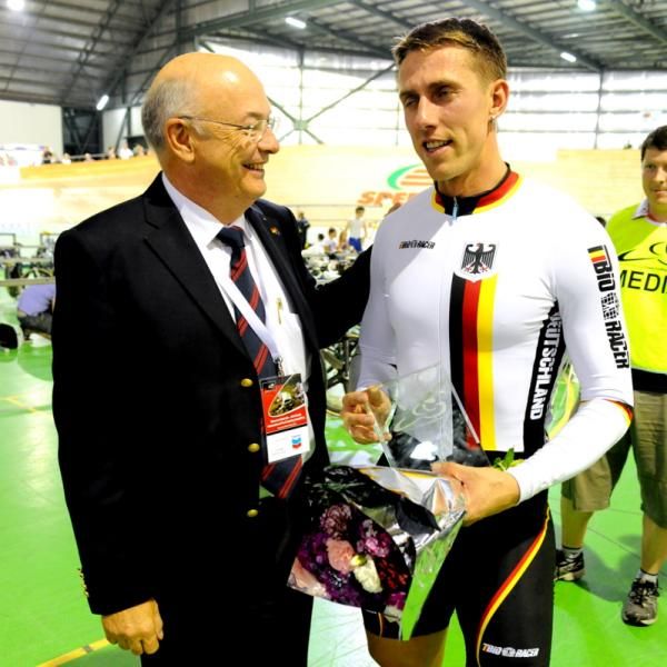 The Honorary Consul of the Federal Republic of Germany congratulates Stefan Nimke on his sprint win.