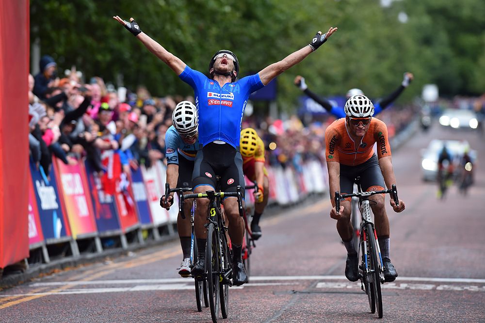 Matteo Trentin (Italy) wins the men's road race at the 2018 European Championships in Glasgow