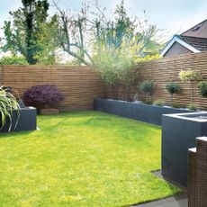 Garden with fence, raised flower beds and wooden fence