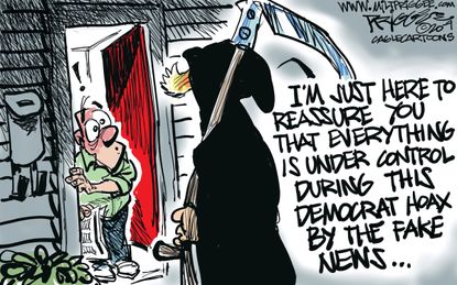 Political Cartoon U.S. Trump COVID-19 Democrats fake news misinformation reaper
