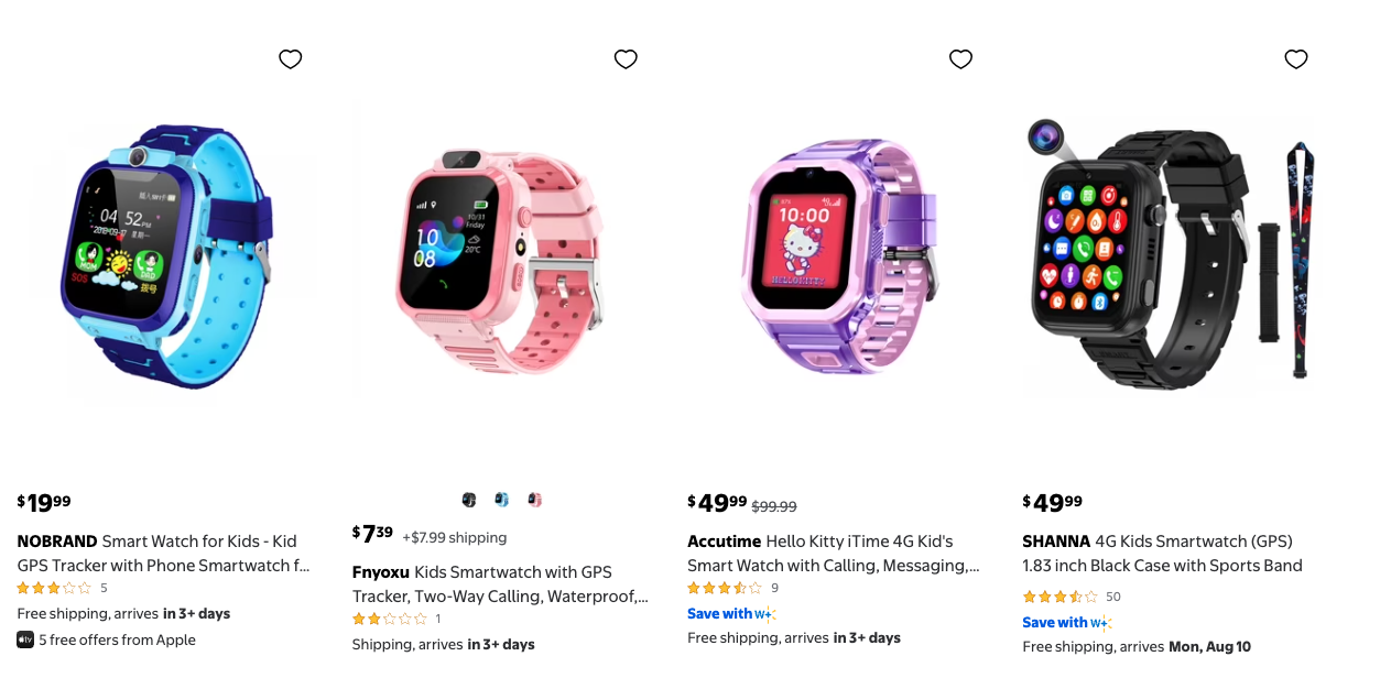 A listing of GPS watches for kids on Walmart