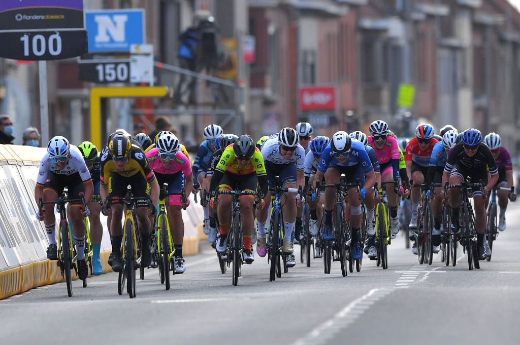 WEVELGEM BELGIUM MARCH 28 Sprint Arrival Marianne Vos of Netherlands and Team Jumbo Visma Lisa Brennauer of Germany and Ceratizit WNT Pro Cycling Team Lotte Kopecky of Belgium and Team Liv Racing Elisa Balsamo of Italy and Team Valcar Travel Service Marta Bastianelli of Italy and Team Ale Btc Ljubljana Emilia Fahlin of Sweden and Team FDJ Nouvelle Aquitaine Futuroscope during the 10th GentWevelgem In Flanders Fields 2021 Womens Elite a 1417km race from Ypres to Wevelgem GWE21 GWEWomen FlandersClassic UCIWWT on March 28 2021 in Wevelgem Belgium Photo by Luc ClaessenGetty Images
