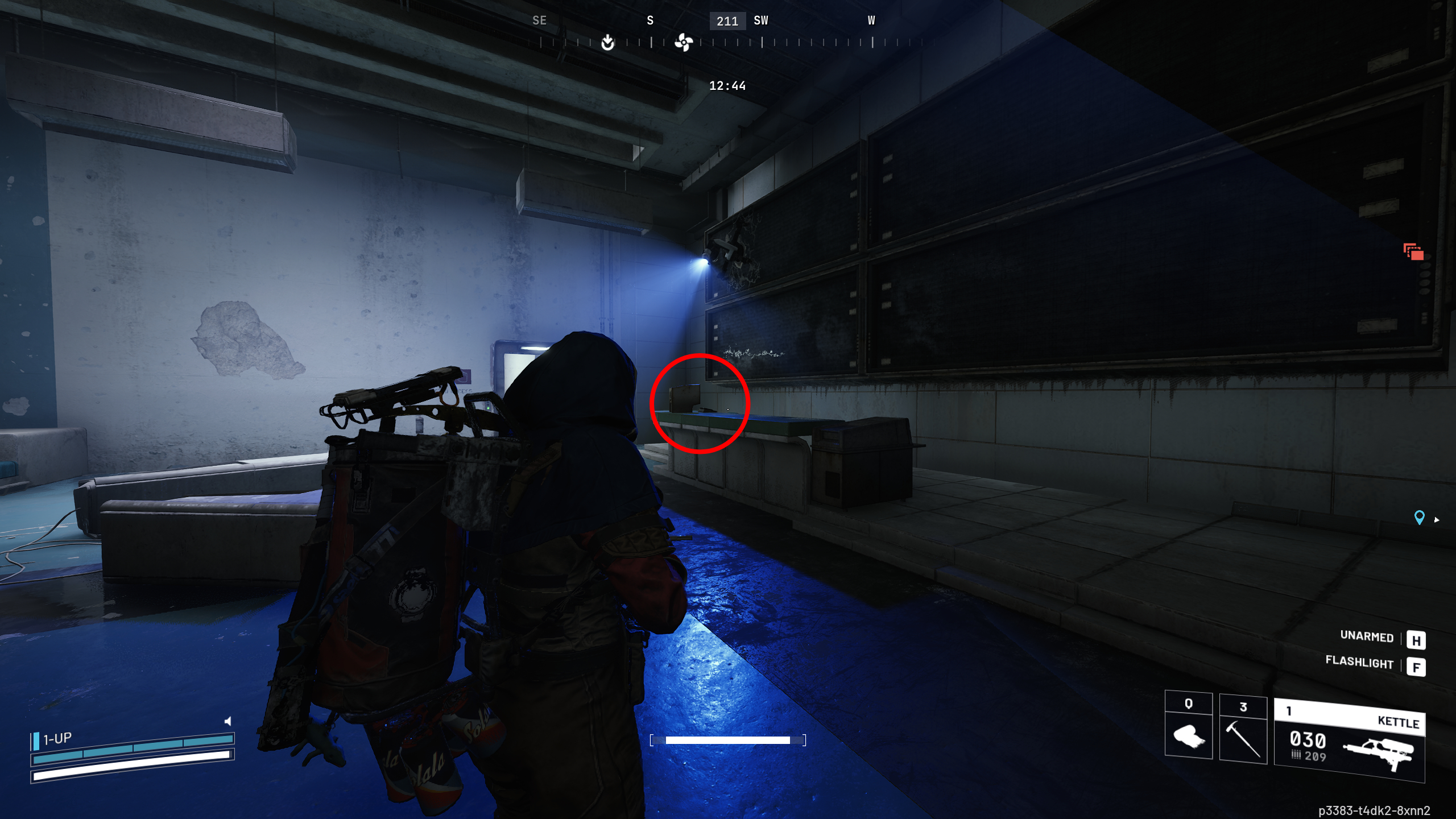 Arc Raiders On Deaf Ears: A player looking at the lecturer's desk in a dark auditorium, with a red circle highlighting the computer.