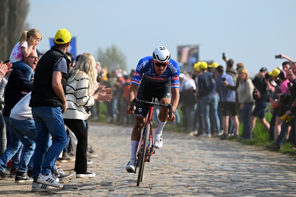ROUBAIX FRANCE APRIL 09 Mathieu van der Poel of The Netherlands and Team AlpecinDeceuninck competes passing through the Carrefour de lArbre cobblestones sector during the 120th ParisRoubaix 2023 Mens Elite a 2566km one day race from Compigne to Roubaix on UCIWT April 09 2023 in Roubaix France Photo by Luc ClaessenGetty Images