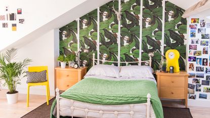 Teenage bedroom ideas with bed and picture ledges and wall art