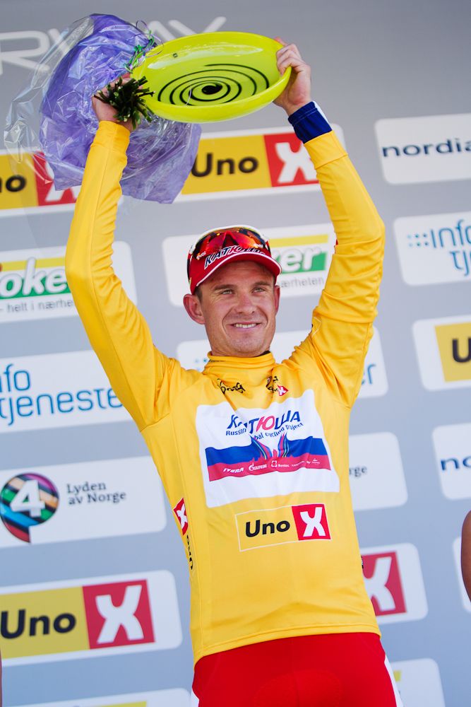 Alexander Kristoff (Katusha) in yellow after stage 1.