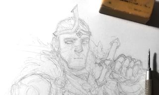 Pencil sketch of a man with a helmet and a sword