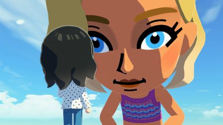 In a dream sequence, a giant Mii looms over a regular-sized one in Tomodachi Life: Living the Dream