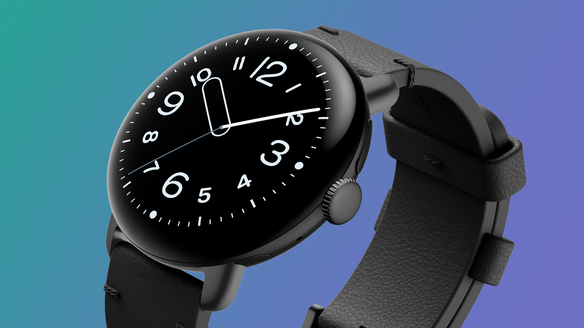 A Google Pixel Watch 4 on a green and blue background