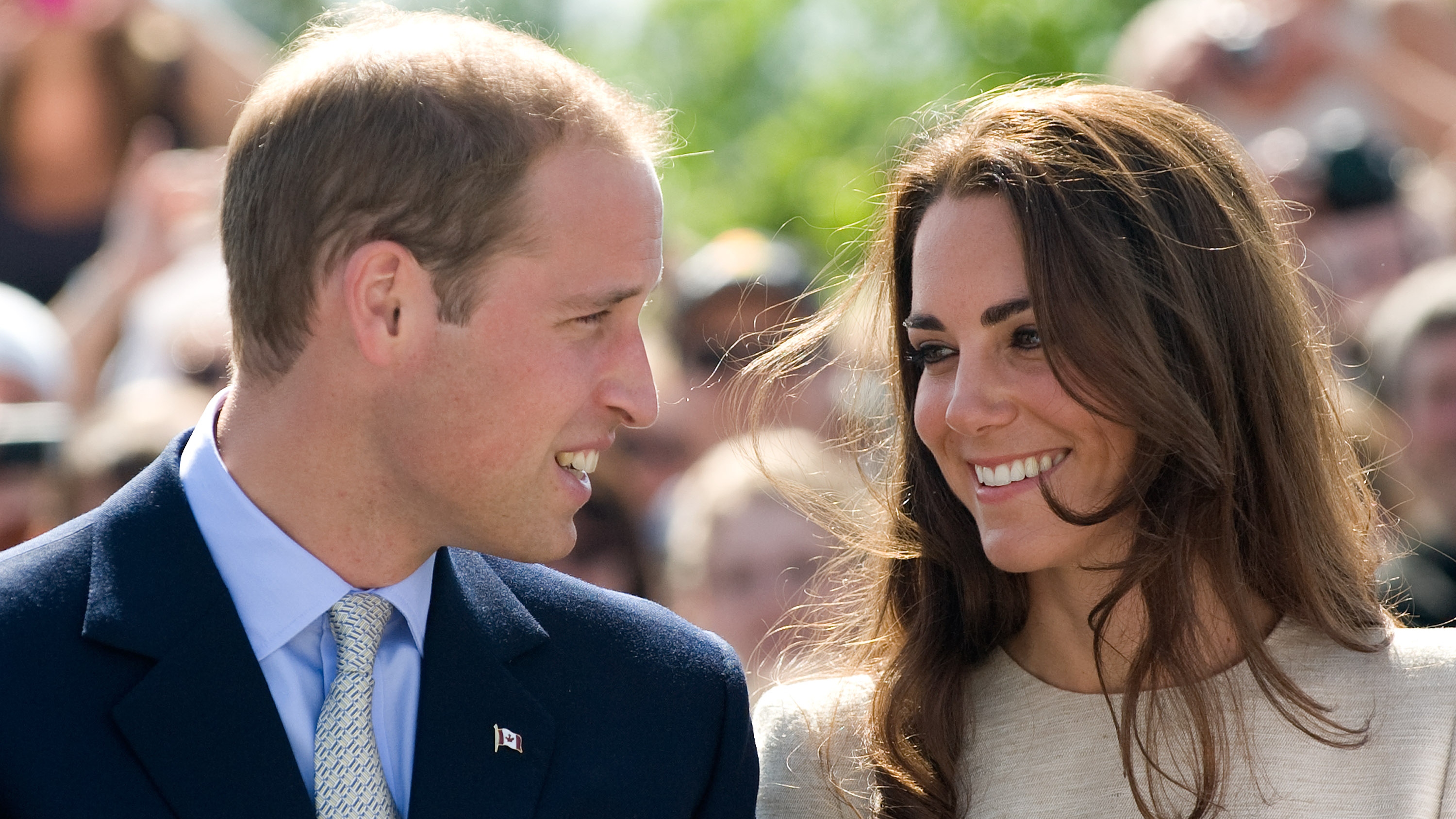 Catherine, Princess of Wales and Prince William look at each other during their visit to the Somba K&#039;e Civic Plaza on day 6 of the Royal Couple&#039;s North American Tour, July 5 2011