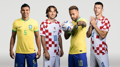 Casemiro and Neymar Jr of Brazil and Luka Modrić and Ivan Perisic of Croatia 