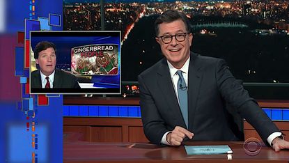 Stephen Colbert laughs at Tucker Carlson