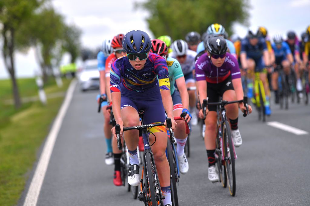 DRTENDORF GERMANY MAY 28 Ella Harris of New Zealand and Team Canyon SRAM Racing leads The Peloton during the 34th Internationale LOTTO Thringen Ladies Tour 202 Stage 4 a 101km stage from Drtendorf to Drtendorf 420m ltlt2021 lottothueringenladiestour womencycling on May 28 2021 in Drtendorf Germany Photo by Luc ClaessenGetty Images