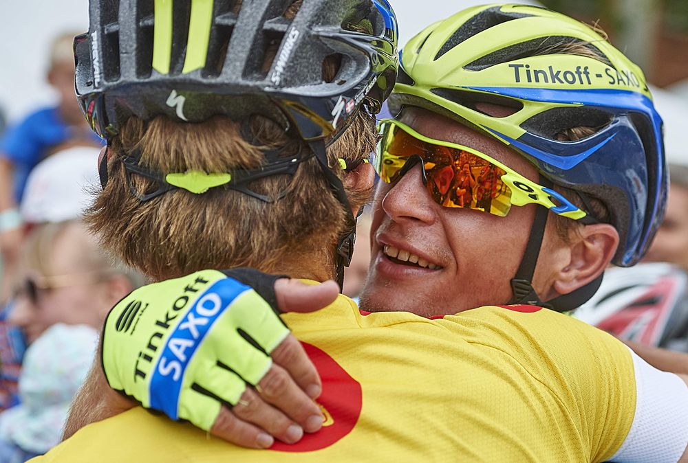 Hugs all around for Chris Juul-Jensen (Tinkoff-Saxo)
