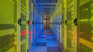 A room full of computer servers with multicolored lights