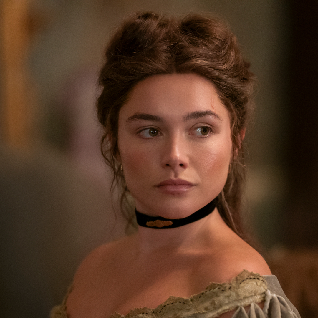 florence pugh as cathy ames wearing a choker and green dress off her shoulder in netflix's east of eden
