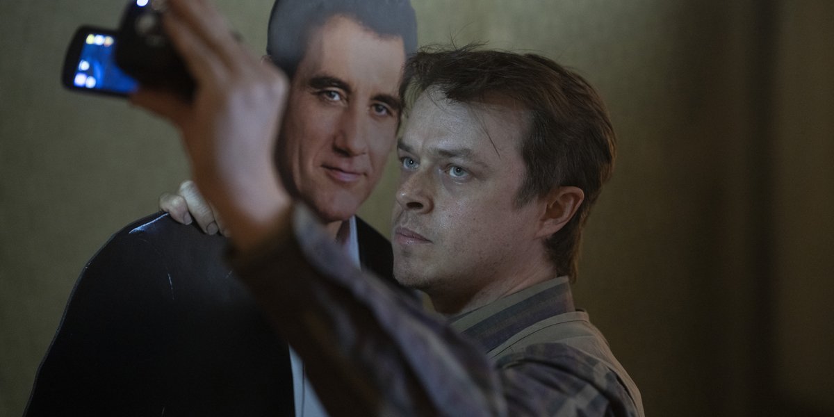 Lisey's Story Jim Dooley taking a selfie with Scott Landon standee Dane DeHaan