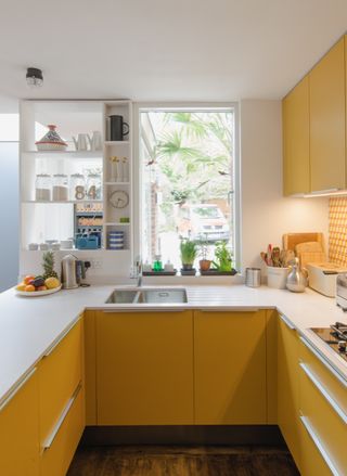 small yellow kitchen ideas in U shape