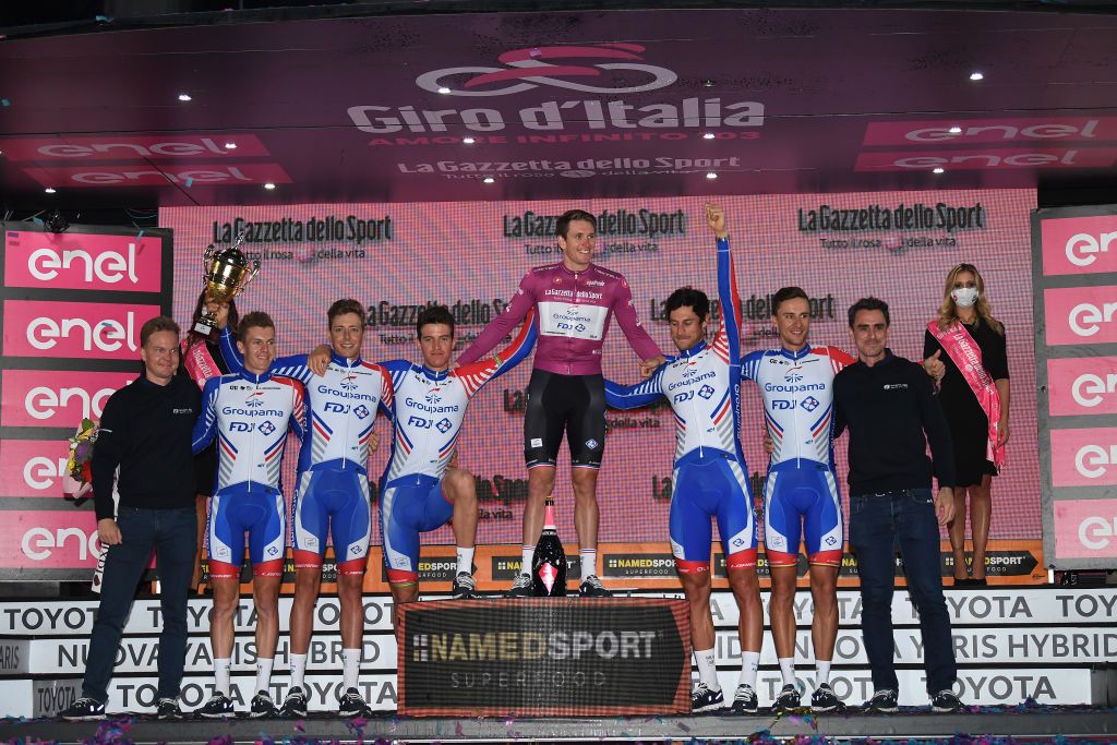 MILANO ITALY OCTOBER 25 Podium Arnaud Demare of France Kilian Frankiny of Switzerland Jacopo Guarnieri of Italy Simon Guglielmi of France Ignatas Konovalovas of Lithuania and Team Groupama FDJ Superteam Best Team Celebration Trophy during the 103rd Giro dItalia 2020 Stage 21 a 157km Individual time trial from Cernusco sul Naviglio to Milano ITT girodiitalia Giro on October 25 2020 in Milano Italy Photo by Tim de WaeleGetty Images