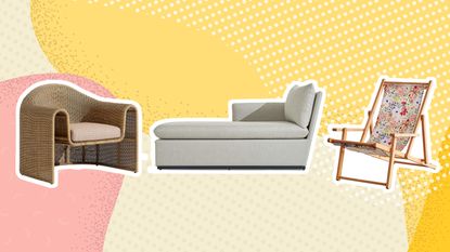 A trio of outdoor lounge chairs on yellow and pink graphic background