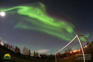 The northern lights shimmer above a soccer field on Sept. 30, 2012, in this view from the Canadian Space Agency's AuroraMax camera in Yellowknife, Canada.